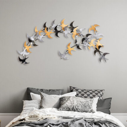 Birds Megapap metal wall art in black - bronze - silver color 137x1.5x62cm.GP052-0076