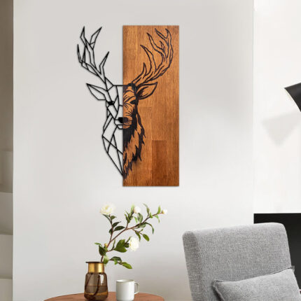 Deer Megapap wooden - metal wall art in walnut - black color 36x3x58cm.GP052-0070