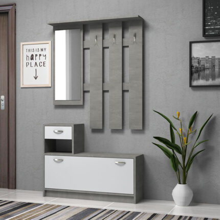 Raynold Megapap melamine entrance furniture in concrete grey - white color 100x30x180cm.