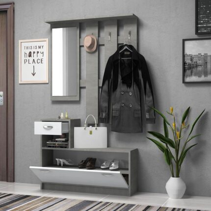 Raynold Megapap melamine entrance furniture in concrete grey - white color 100x30x180cm.