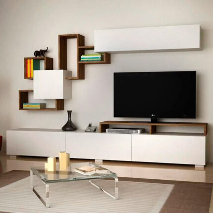Stamatia Megapap melamine TV unit in white - walnut color 210x36,8x46,8cm.