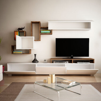 Stamatia Megapap melamine TV unit in white - walnut color 210x36,8x46,8cm.