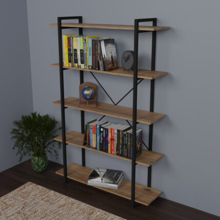 Bookcase Reson pakoworld oa melaminek-black metal 120x34x180cm