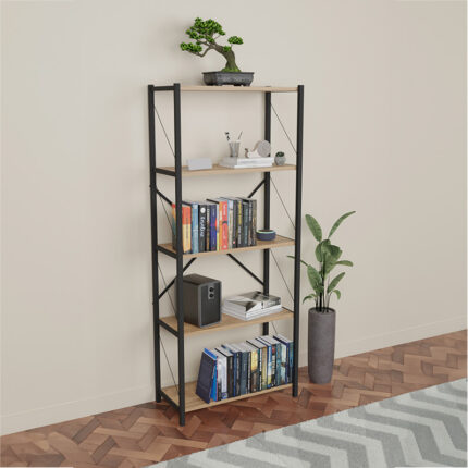 Bookcase Draizy pakoworld oak melamine-black metal 63x30x150cm