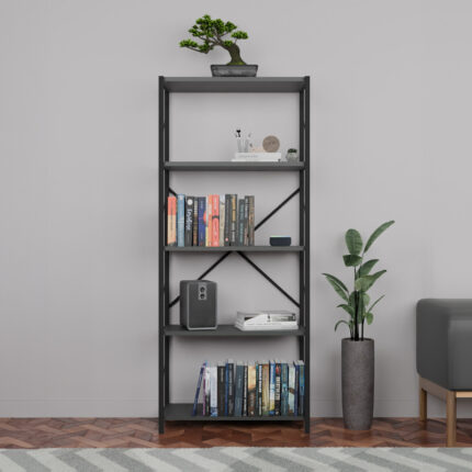 Bookcase Draizy pakoworld anthracite melamine-black metal 63x30x150cm
