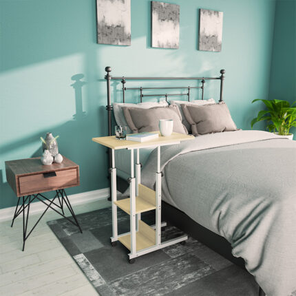 Babs pakoworld side table on wheels in white-natural color 60x40x71-92cm