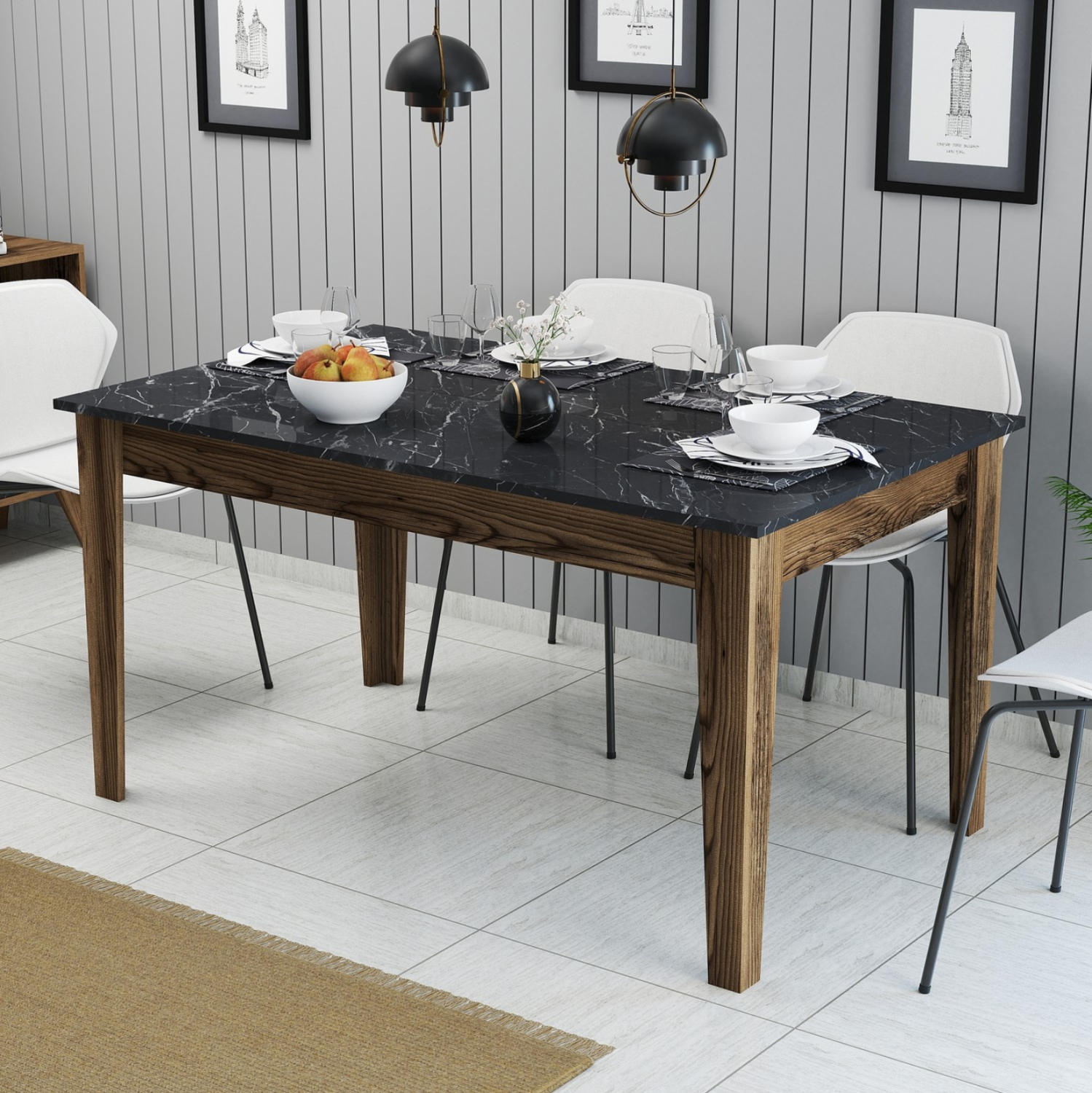 DINING TABLE STANDARD MELAMINE WALNUT-BLACK MARBLE-LOOK