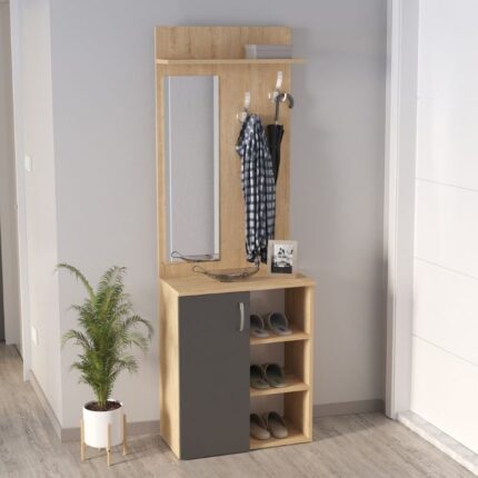 Norva Megapap melamine entrance furniture in sapphire oak - anthracite color 67,8x36,3x200,6cm.