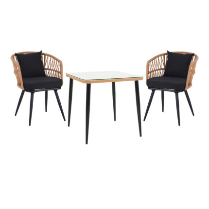 Naoki dining table set of 3 pcs pakoworld metal black-pe natural-glass 80x80x78cm