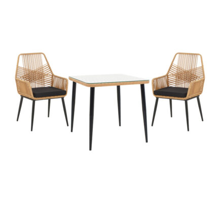 Naoki-Tanish dining table set of 3 pcs pakoworld metal black-pe natural-glass 80x80x78cm