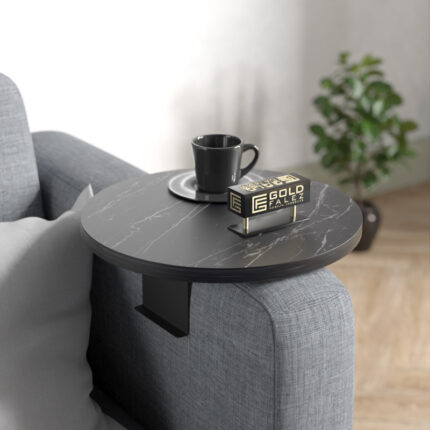 Linea pakoworld side table in black marble finish with black metal legs D35.5x5cm