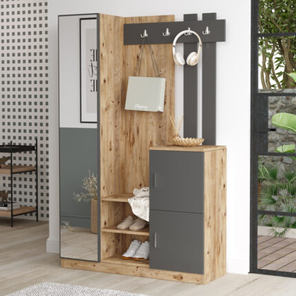 Saron entrance furniture with pakoworld mirror in natural-anthracite shade 113x35x180cm