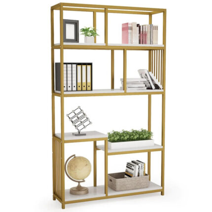Denver pakoworld bookcase-shelf with gold metal frame and white marble finish 100x30x180cm