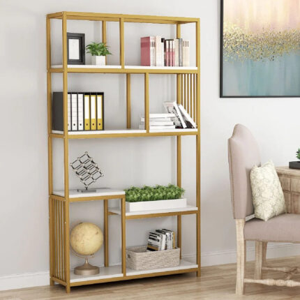 Denver pakoworld bookcase-shelf with gold metal frame and white marble finish 100x30x180cm