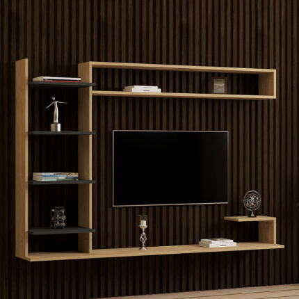 Dilan pakoworld composite living room wall unit in oak-anthracite shade 180x29.60x121.80cm
