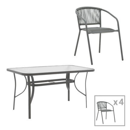 Dining set 5pcs Ensure-Lindaria pakoworld metal-glass dark grey 140x80x70cm