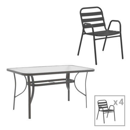 Dining set 5pcs Ensure-Sussie pakoworld metal-glass dark grey 140x80x70cm
