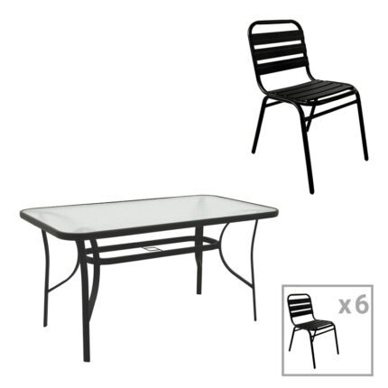 Dining table Sussie-Ensure pakoworld 7pcs metal-glass in black color 140x80x70cm