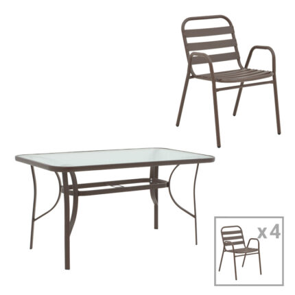 Dining table Sussie-Ensure pakoworld 5pcs metal-glass in brown color 120x70x70cm