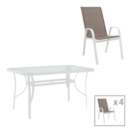 Dining table Calan-Ensure pakoworld 5pcs metal-glass in white color 120x70x70cm