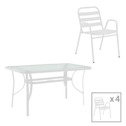 Dining table Sussie-Ensure pakoworld 5pcs metal-glass in white color 120x70x70cm