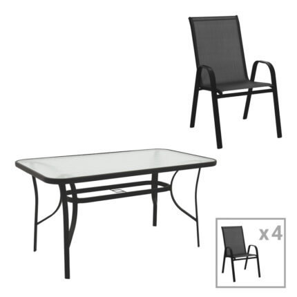 Dining table Calan-Ensure pakoworld 5pcs metal-glass in black color 140x80x70cm