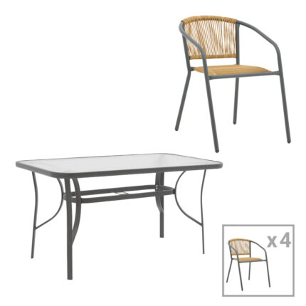 Dining table Ensure-Lindaria pakoworld set of 5 pieces metal in anthracite and pe rattan in natural shade 120x70x70cm