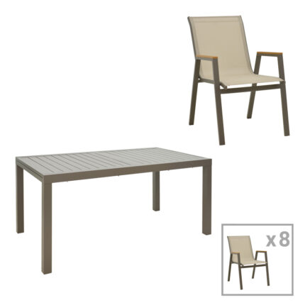 Lafla-Azelie dining table set of 9 pakoworld champagne aluminum and plywood in natural shade 160-240x90x75cm