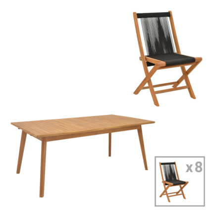 Dining set 9 pcs Banou-Pino pakoworld teak wood in natural - black shade 180/240x100x75cm