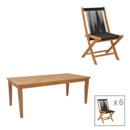 Dining set 7pcs Banou-Mady pakoworld teak wood in natural-black shade 200x100x75cm