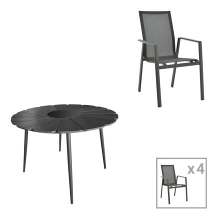 Pinap-Dashiell dining table set of 5 pcs pakoworld black aluminum and plywood in black shade Φ110x74cm