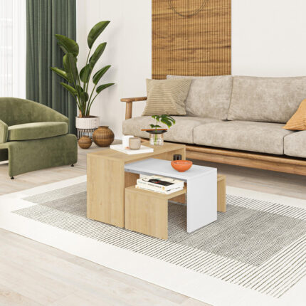 Kantar pakoworld coffee tables set of 3 in oak-white color 65x30x39cm