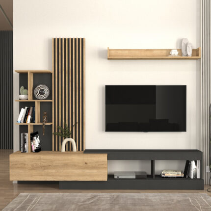 Vermont Megapap melamine tv unit in anthracite - sepet oak color 240x40x192cm.