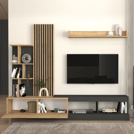 Vermont Megapap melamine tv unit in anthracite - sepet oak color 240x40x192cm.