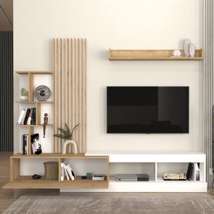 Vermont Megapap melamine tv unit in white - sepet oak color 240x40x192cm.