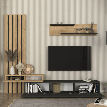 Rosaline Megapap melamine tv unit in anthracite - sepet oak color 233x31.3x196.8cm.