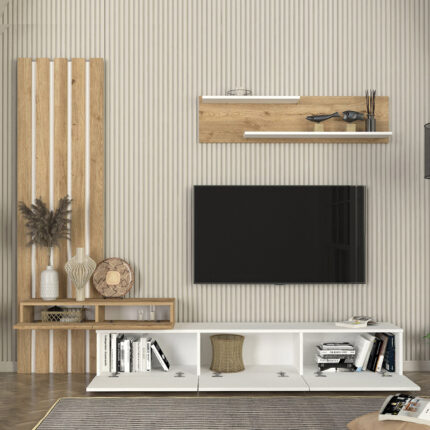 Rosaline Megapap melamine tv unit in white - sepet oak color 233x31.3x196.8cm.