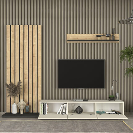 Nagini Megapap melamine tv unit in ivory - sapphire oak - anthracite color 260x39.4x203.6cm.