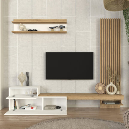 Dumont Megapap melamine tv unit in white - sepet oak color 240x36.8x200cm.